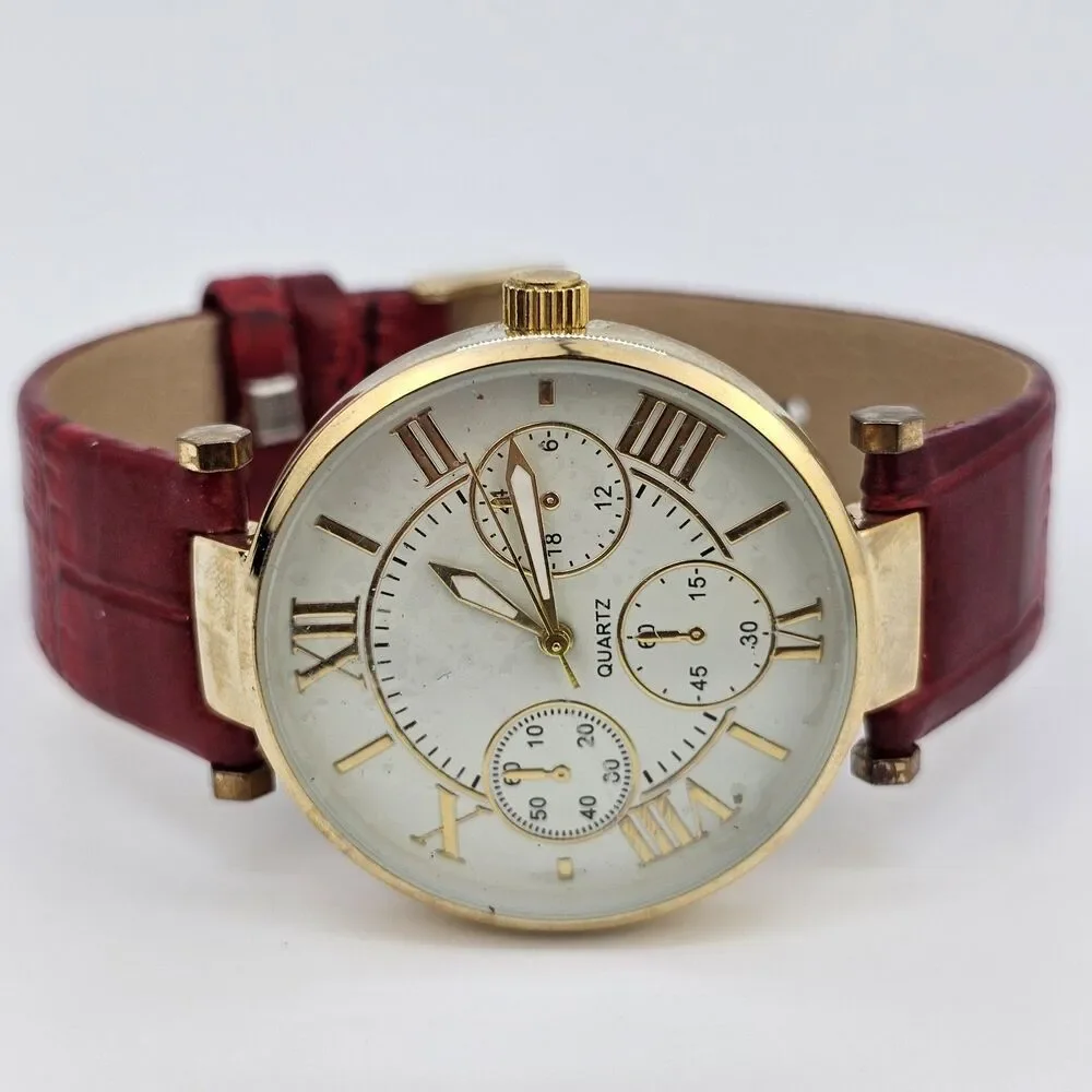 Women's Watch 38MM Cream Dial Roman‎ Numerals Red Faux Leather Bands New Battery